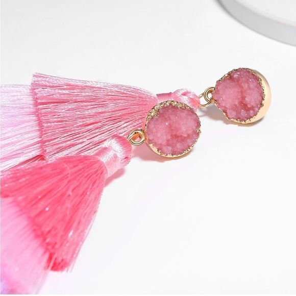 14K Yellow Gold with Pink White Ombre Silk Thread Tassel Quartz Druzy Earrings - Picture 2 of 9